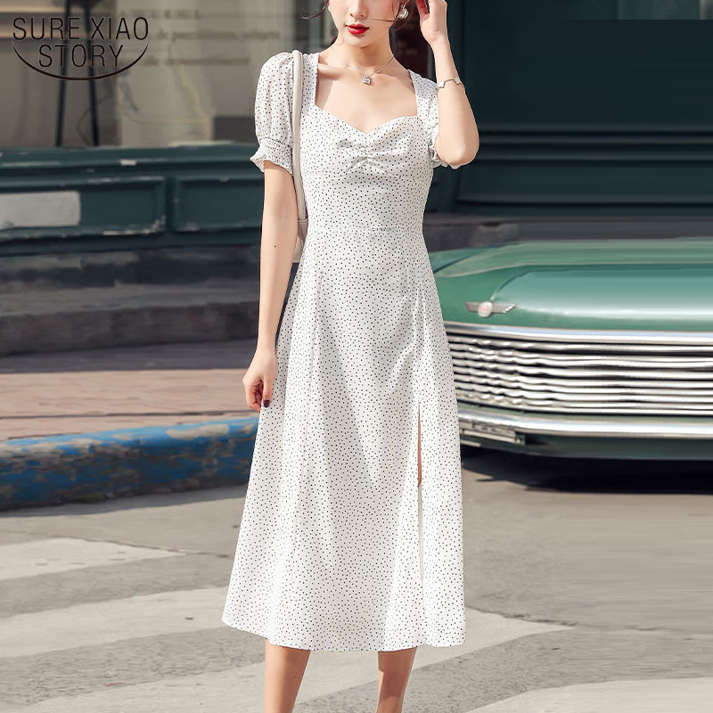 White Polka Dot High Waist Summer Dress Fashion Split Midi Long Elegant Woman Party Square Collar es 13278 210510