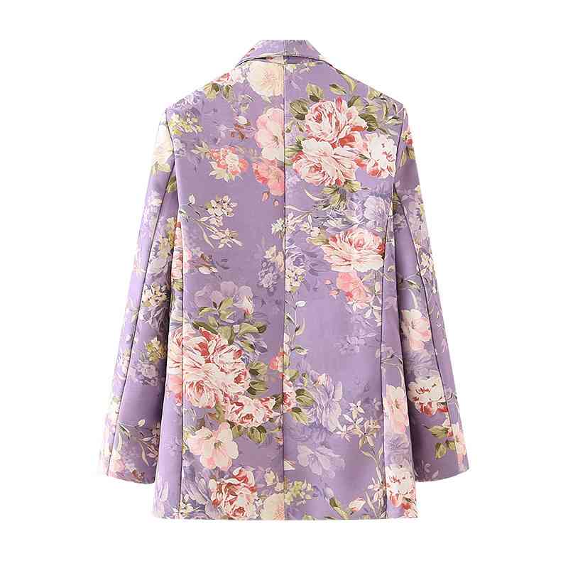 elegant women chrysanthemum printing purple blazer fashion ladies pocket jackets casual female chic slim suits 210430