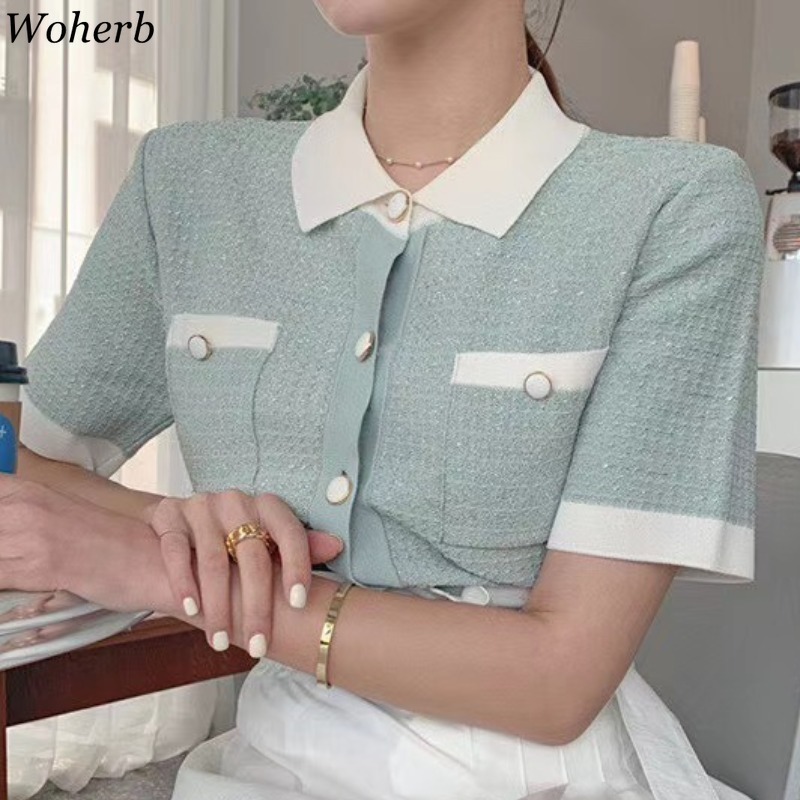 Summer Thin Short Sleeve Cardigan Women Korean Chic Knitwear Slim Contrast Color Cardigans Casual All Match Top 210422