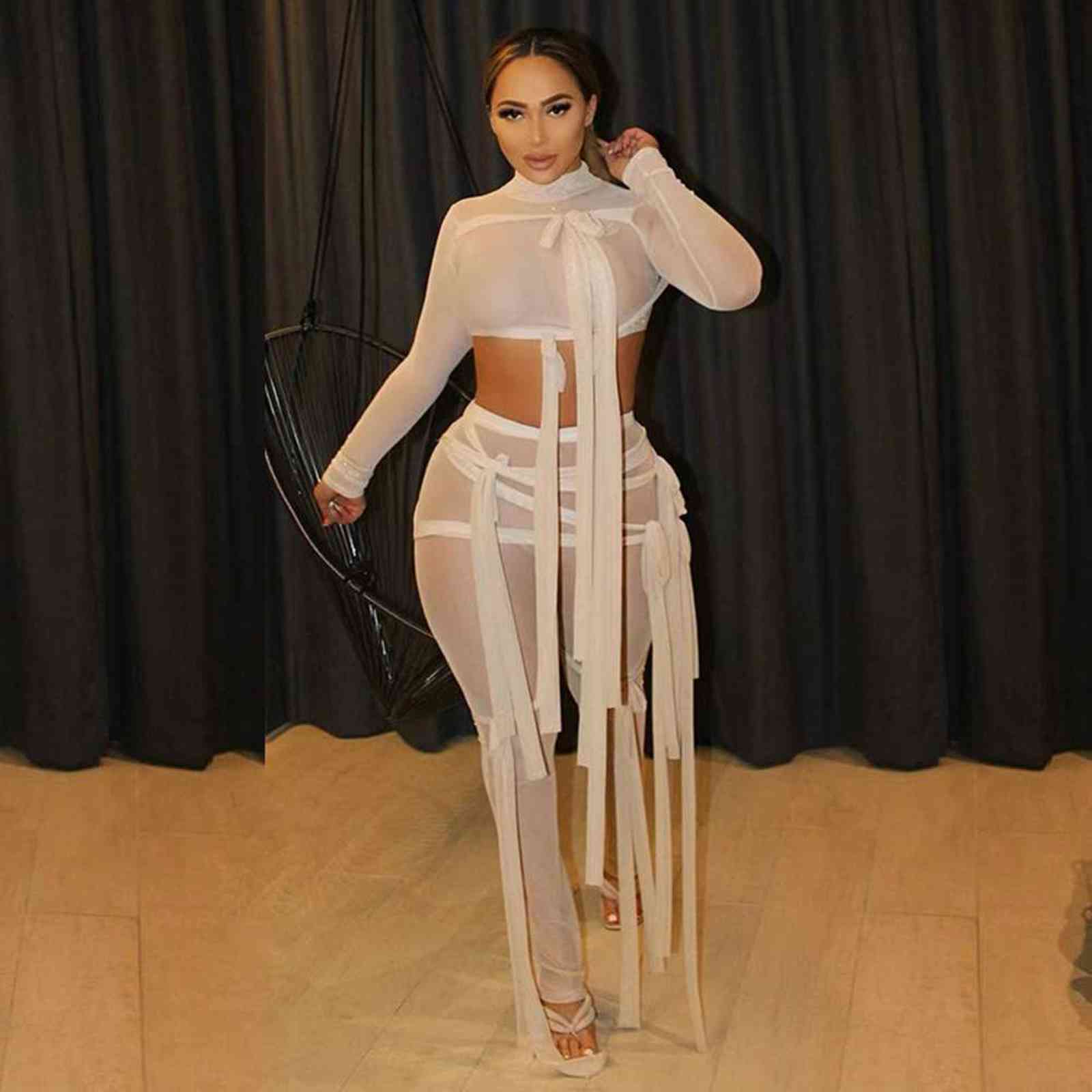 Ribbons Hipster Sheer Mesh Sexy Two Piece Set Women Turtleneck Crop Top+Pants Solid Street See Through Matching Outfit 211105