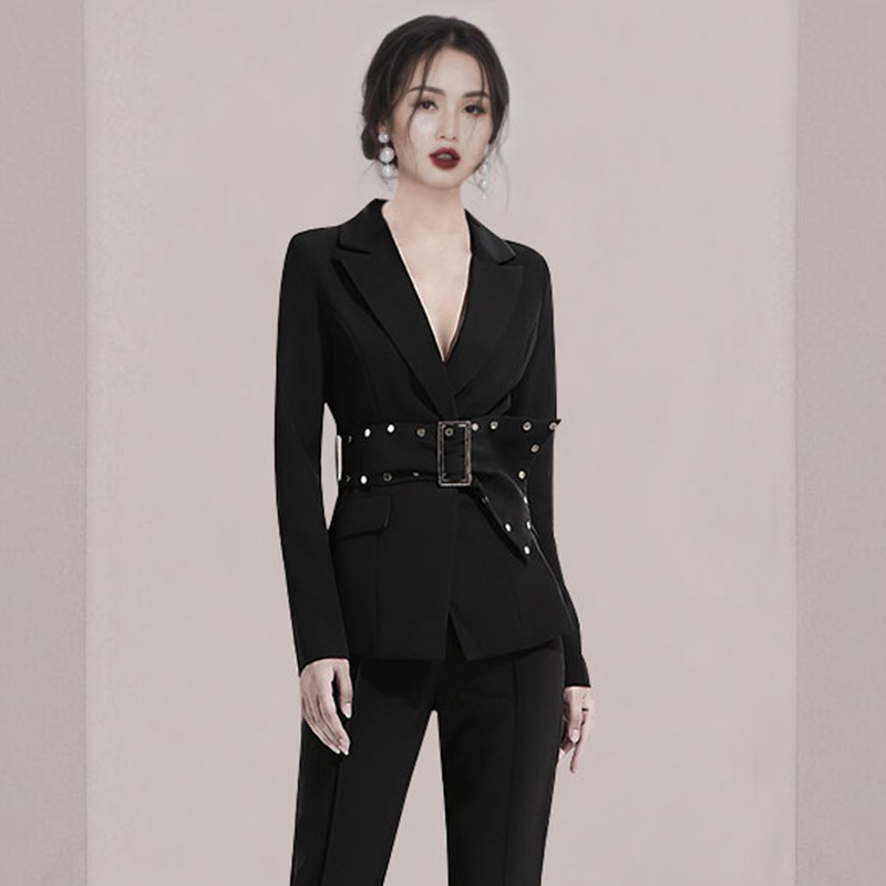 Business Spring Autumn Women 2 Piece Set Formal Black Long Sleeve Notched Blazers Coat+OL Pencil Pant Suit With Belt 210518