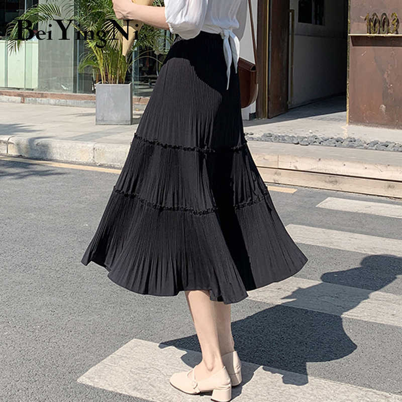 Beiyingni Pleated Skirt Women Vintage Casual Chiffon Shift Long High Waist Skirts Womens Patchwork Midi Saia Black White Faldas 210619