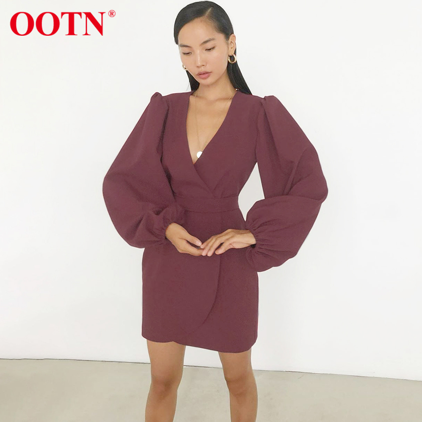 OOTN Purple Asymmetry Mini Dress Tunic High Waist Ladies Elegant Sexy V Neck Lantern Long Sleeve Green Dresses Womens Fashion 210409