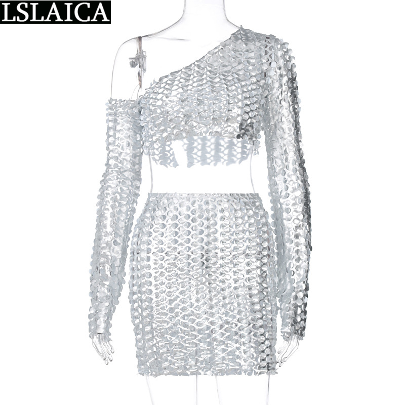 Tracksuit Women Skinny Sexy Hollow Out Skew Neck Exposed Navel Two Piece Set Fashion Night Club Dresy Damskie 210520