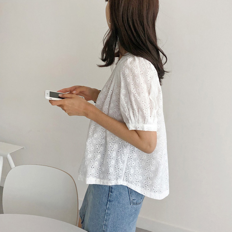 Pullover White Ladies Tops Clothing Summer Short Sleeve Hollow Out Blouse Office Lady V Neck Floral Women Shirt 9595 210415