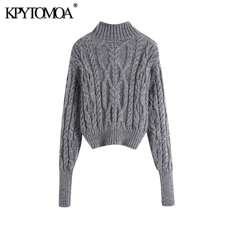 Women Fashion Asymmetric Cropped Cable-knit Sweater High Neck Lantern Sleeve Female Pullovers Chic Tops 210420