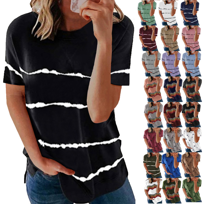 women's wear 2021 spring and summer new round neck short sve printed t-shirt split women's wear, White
women's wear 2021 spring and summer new round neck short sve printed t-shirt split women's wear, White