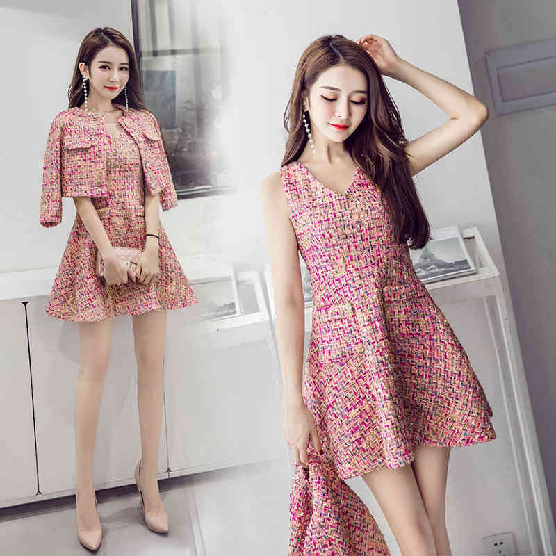 Autumn Winter Runway Tweed 2 Piece Set Women Short Jacket Coat +Mini Tank Wool Blend skirt Suits Office Female Sets 210518