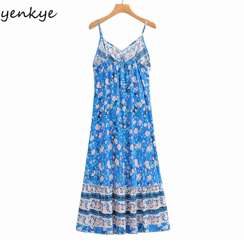 YENKYE Blue Floral Print Holiday Beach Dress Women Sexy V Neck Sleeveless Vestido Mujer High Waist A-line Casual Summer Dress 210515