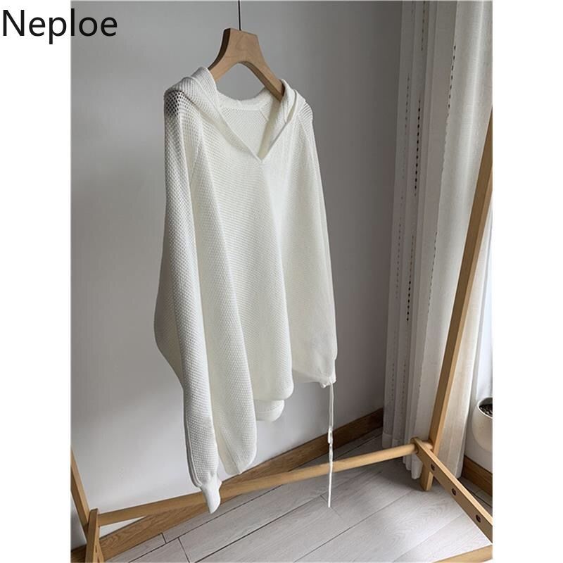 Neploe Hooded Sweater Women Spring Thin Simple Knit Pullovers Casual Hollow Out Korean Loose White All Match Jumper Tops 4H765 210422