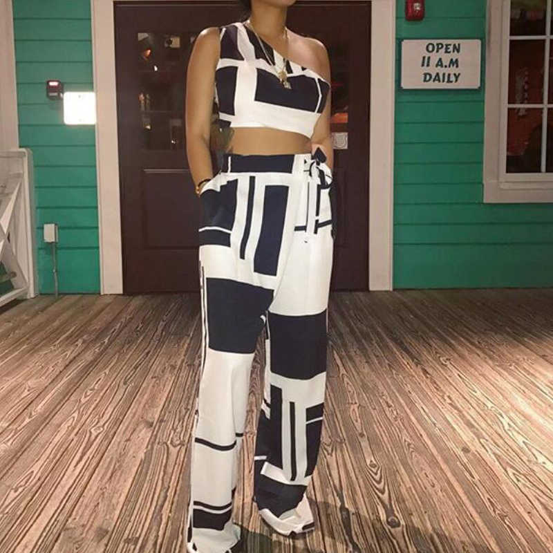 Women Two Pieces Sets Self Belted Crop Top&Pants Colorblock One Shoulder Cropped High Waist Wide Pants Set Y0625