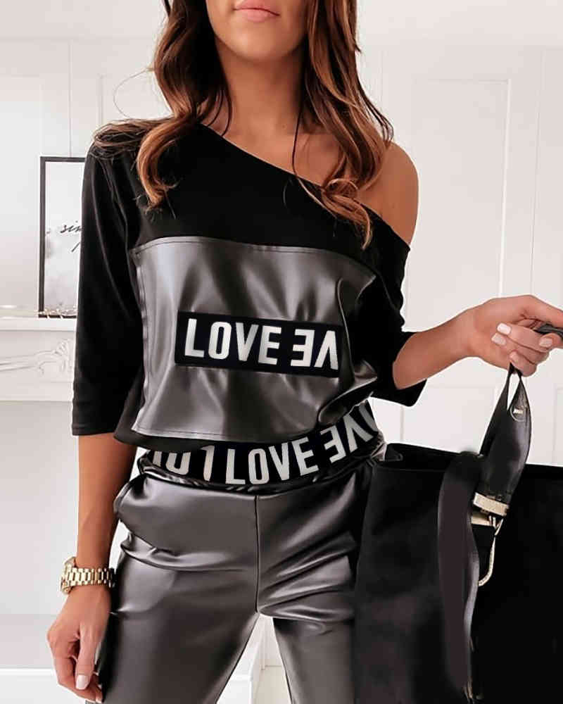 Spring Autumn Women's Letter Print Suit Set Femme Casual Long Sleeve One Shoulder Top & PU Leather Pants Set Ladies Outfit 210415