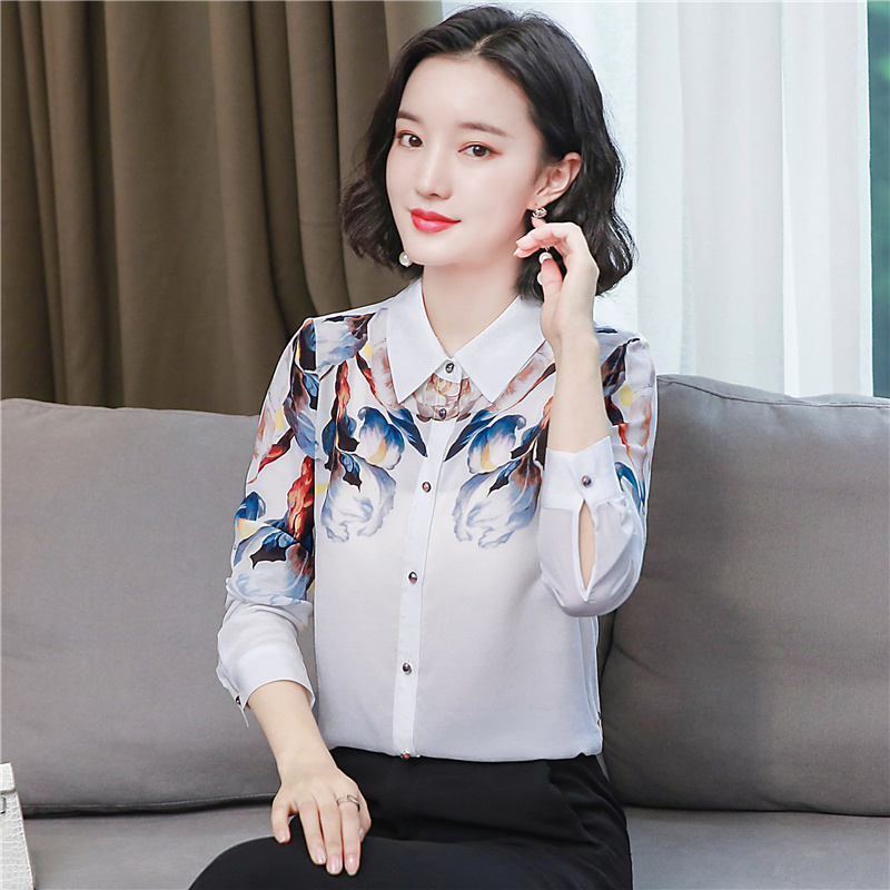 Spring and Autumn White Silk Shirt Women's Long-Sleeved Elegant Retro Printed Mulberry Chemisier Femme 10720 210518