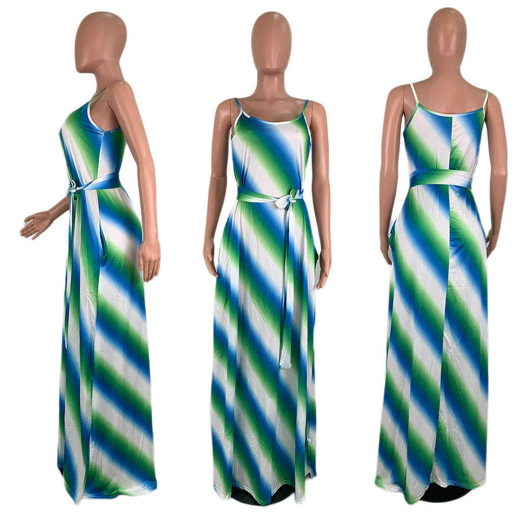 Women Spaghetti Strap Striped Belt Loose Style Maxi Dress 210702