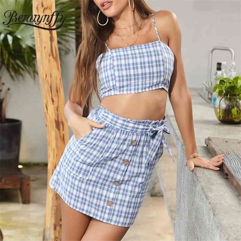 Plaid Skirts Women's Sets Casual Fashion Summer Two Piece Set Street Crop Cami Top + Button Front Belt Skirt Suit 210510