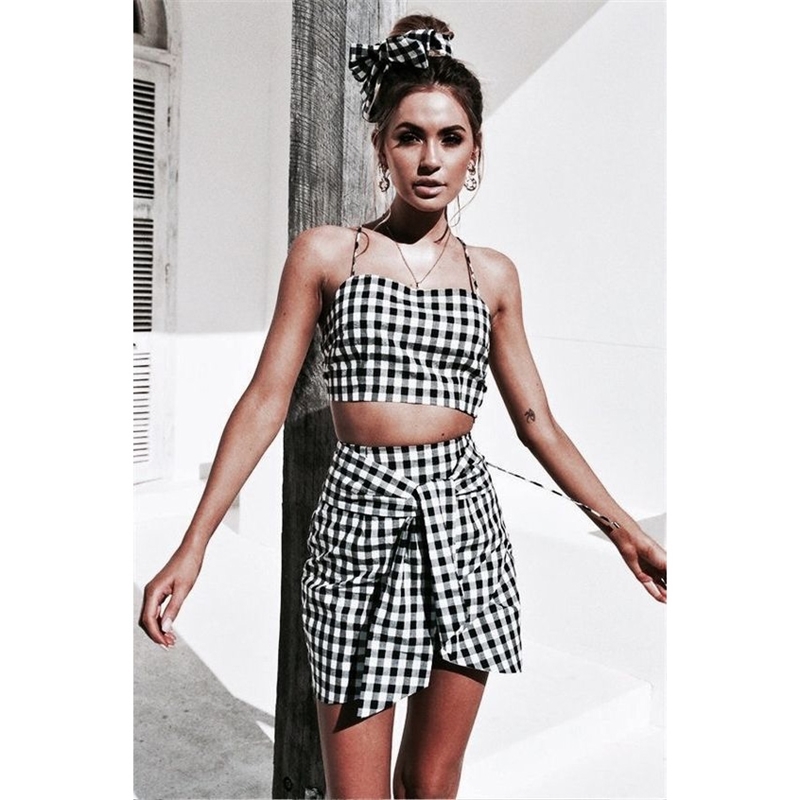 Fashion Women Checkerboard 2 Piece Set Bodycon Skirt Crop Top Off Shoulder Tank Summer Two Gingham Sexy Party 210428