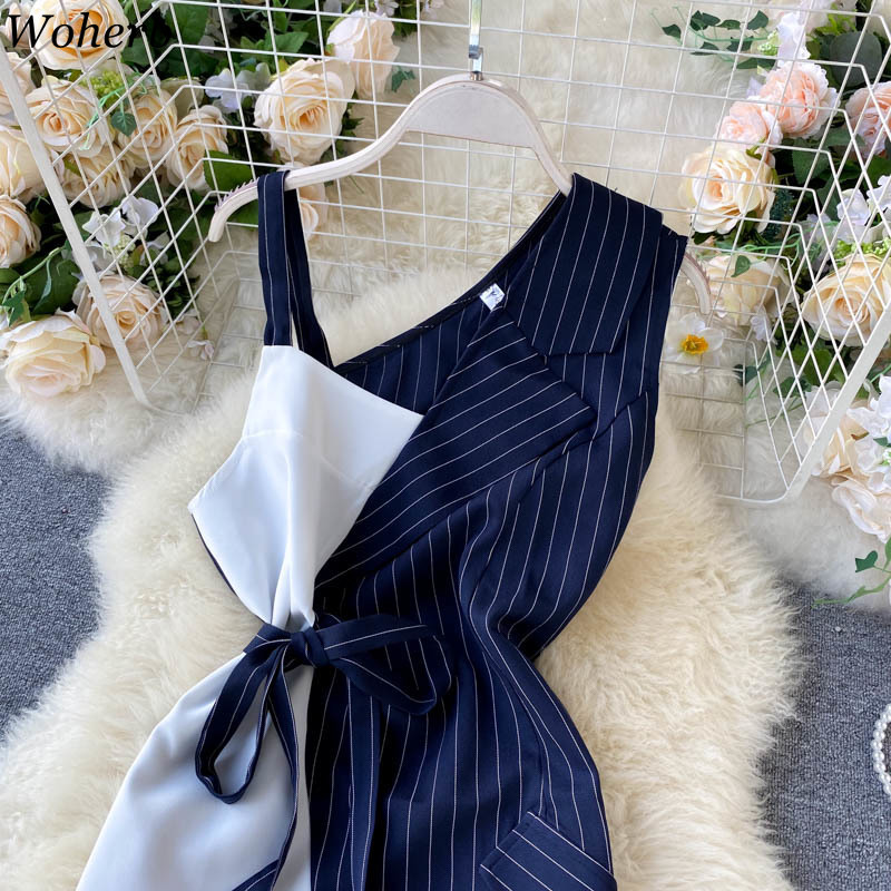 Fashion Robe Women High Street A-line Dress Summer V Neck Sleeveless Striped Patchwork Irregular Dresses Slim Vestidos 210519