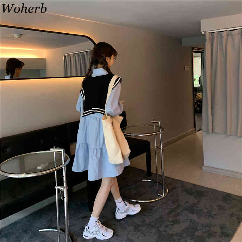 Salior Cape +long Sleeve Pleated Shirt Dress Women Casual 2 Piece Set Korean Chic Outfits Fashion Clothes Streetwear 210519