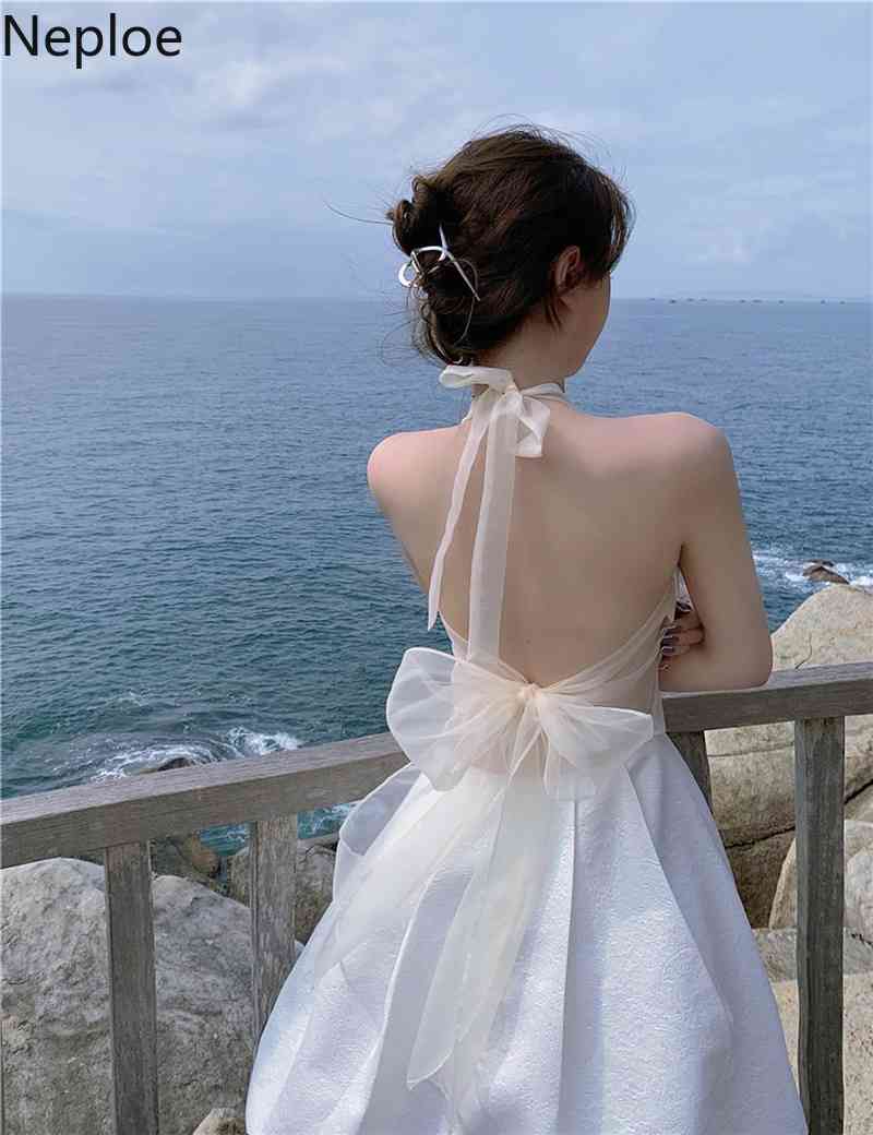 Neploe Party Dress Women Sweet Chic Princess Dresses Lace Up Halter Backless Vestidos Mujer Sexy Lady Summer Sweet White Robe 210422