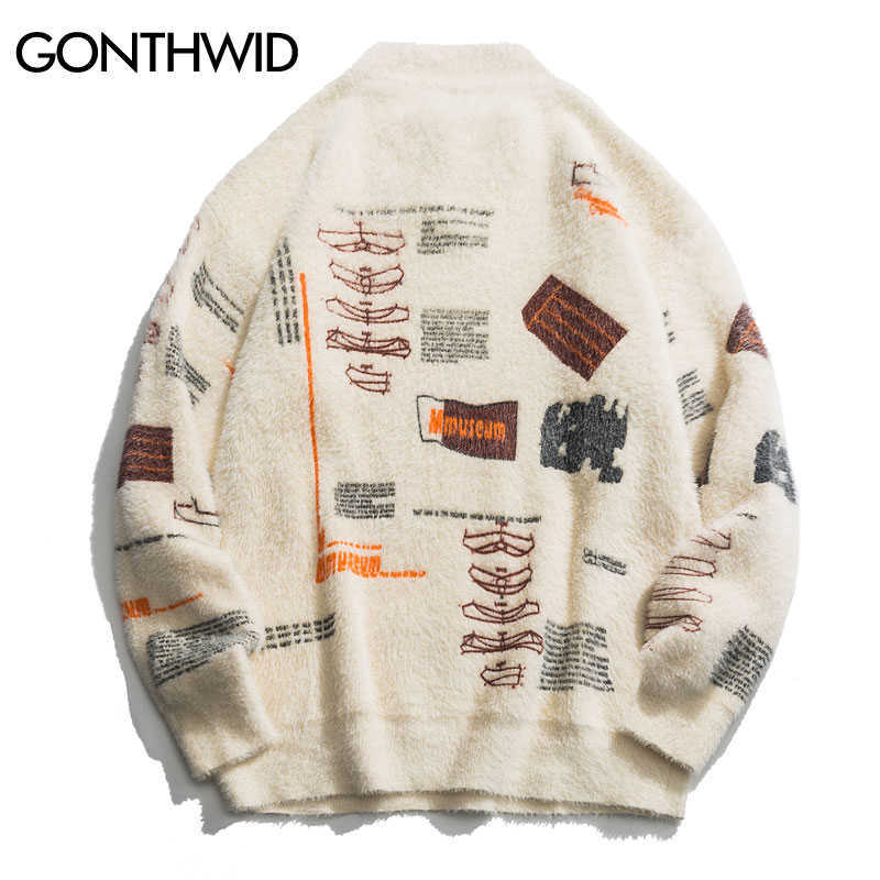 GONTHWID Graffiti Knitted Pullover Jumper Sweaters Streetwear Hip Hop Casual Long Sleeve Turtleneck Knitwear Sweater Men Tops 210818