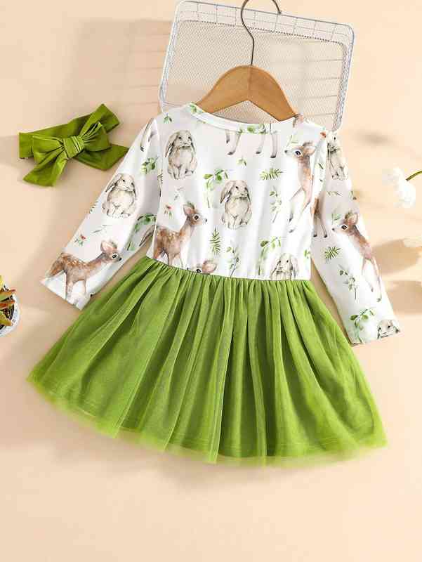 Baby Animal & Plant Print Mesh Hem Dress & Headband SHE