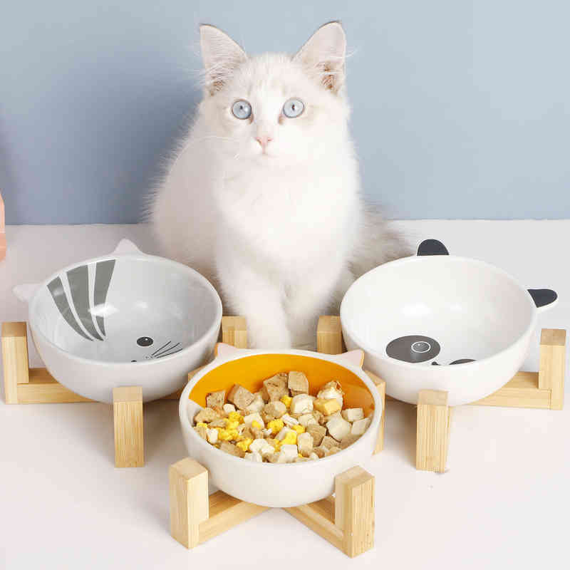 Cute Animal Pets Bowl Dog Cat Food Water Feeder Puppy Ceramic Drinking Dish Bowl with Wooden Rack Pet Cat Accessory