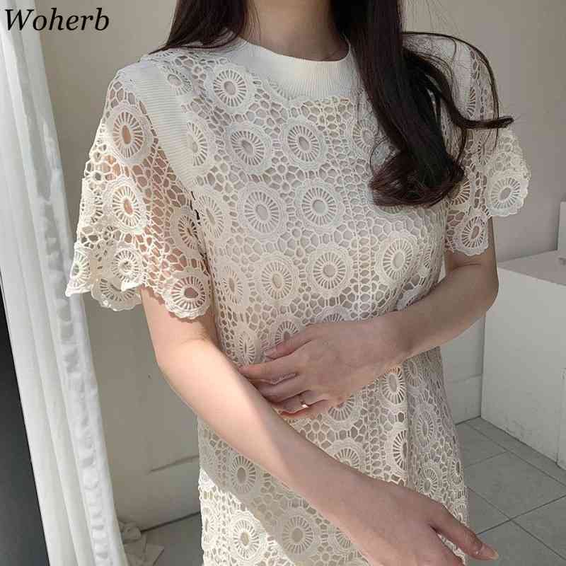 Women Lace Floral Crochet Dress Vestidos Summer Elegant Belt Robe Vintage Dresses Ladies Office Work Long Korean 210519