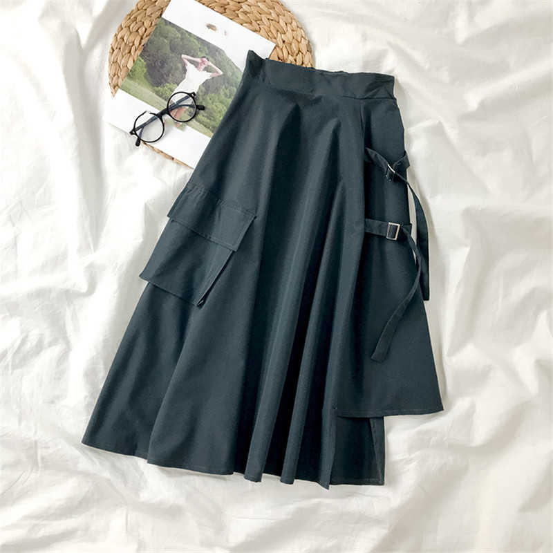 Japanese Safari Style Women Skirt Spring High Waist Skirts Ribbon Pockets Irregular A-line Faldas Mujer 6F681 210603
