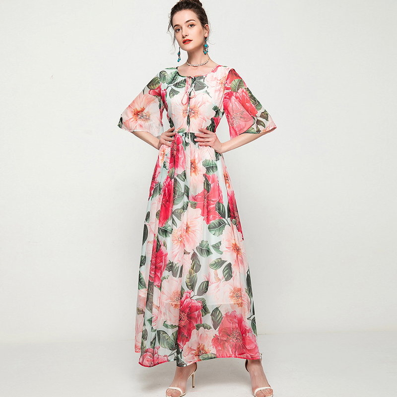 Women's Runway Dress O Neck Short Sleeves Lace Up Floral Printed Elegant Long Dresses Vestidos