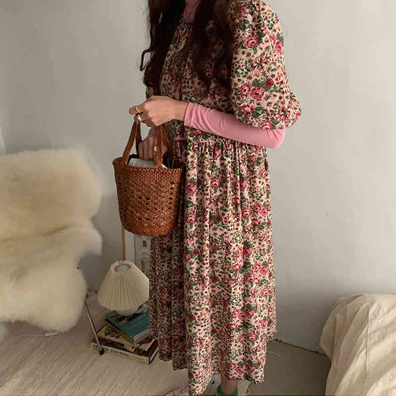 Spring Women's Vintage Korean Style Floral Long Dress O Neck Half Puff Sleeve Loose Casual Elegant Mid-Length Dresses D13104X 210416