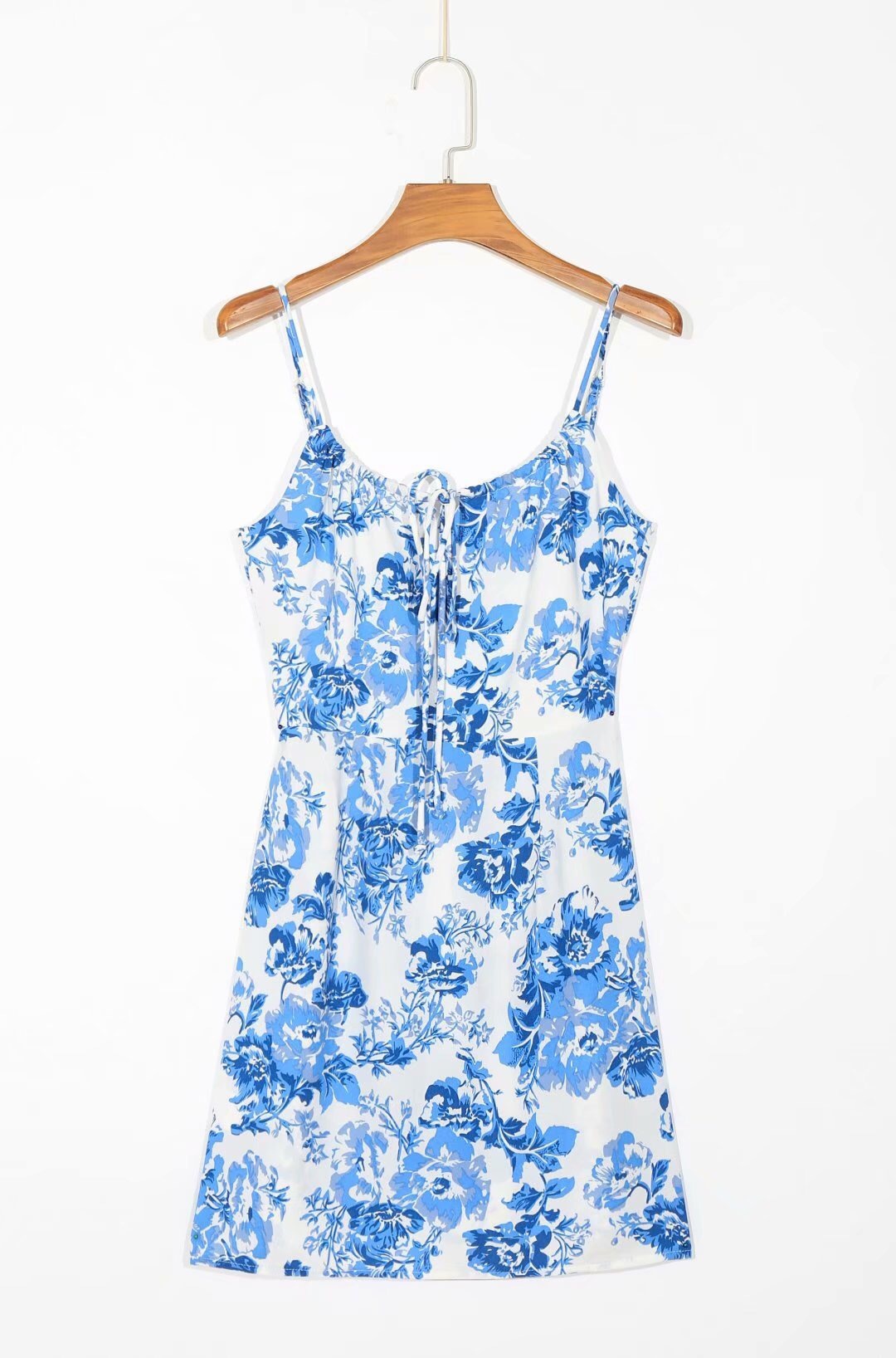 Sexy French Blue Floral Print Spaghetti Strap Women Mini Dress Back Zipper Cross Lacing Up Collar Sling Holiday Dresses 210429