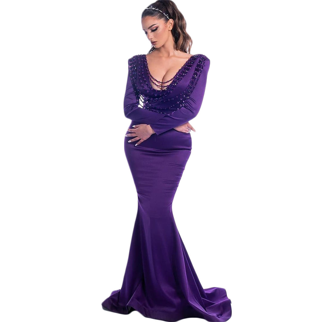 Sexy Prom Dress Crystal Beading V Neck Long Sleeve Mermaid Evening Gowns Sweep Train Special Occasion Dresses