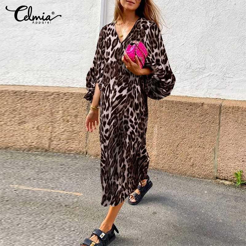 Celmia Lady Sexy Leopard Print Holiday Dress Women's Plus Size 5XL Dresses Casual Loose Puff Sleeve V-Neck Party Midi Vestidos 7