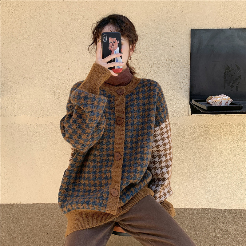 OL Knitted Sweater Women Cardigans Soft Thick Houndstooth Sweaters Jacket Long Sleeve Single-breasted Jumper Coat 210421