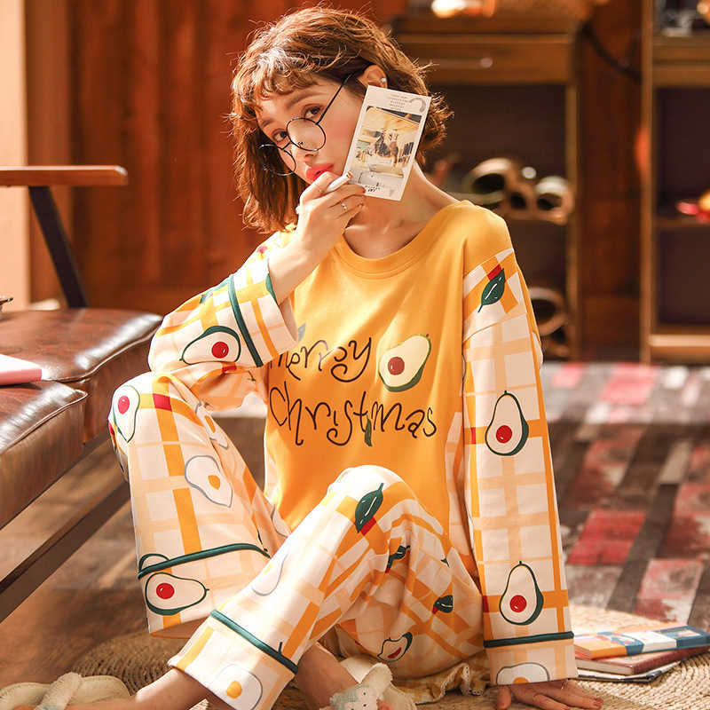 Pure Cotton Pajamas Women's Autumn Winter Long-sleeved 2 Piece Set Loose and Can Be Worn Outside Cute Plus Size Home Suit 211007