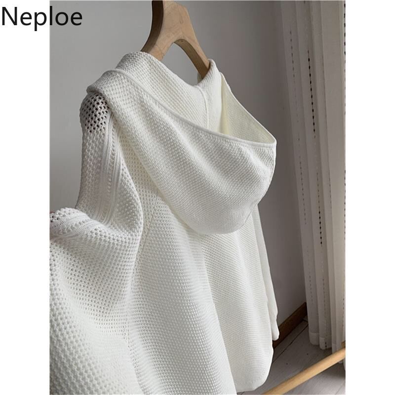 Neploe Hooded Sweater Women Spring Thin Simple Knit Pullovers Casual Hollow Out Korean Loose White All Match Jumper Tops 4H765 210422