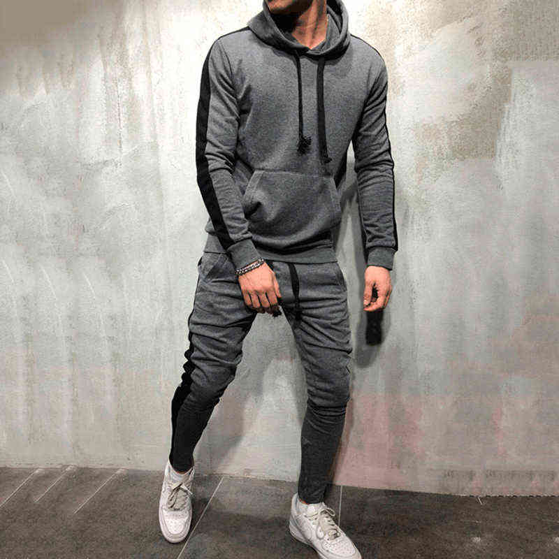2 Pieces Sets Tracksuit Men New Brand Autumn Winter Hooded Sweatshirt +Drawstring Pants Male Stripe Patchwork Hoodies Bigsweety G1217