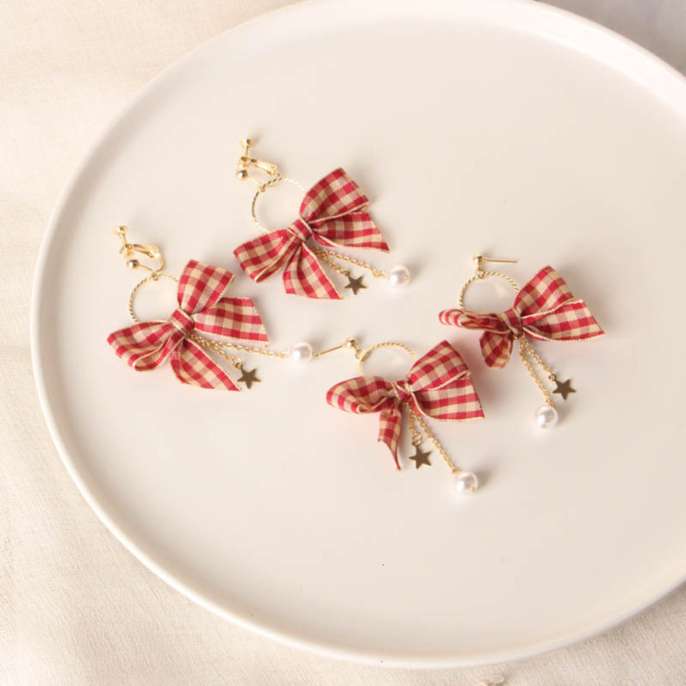 earrings hand made Red Plaid Bow cute girl heart pearl Five Star Earrings earclip, Golden
earrings hand made Red Plaid Bow cute girl heart pearl Five Star Earrings earclip, Golden