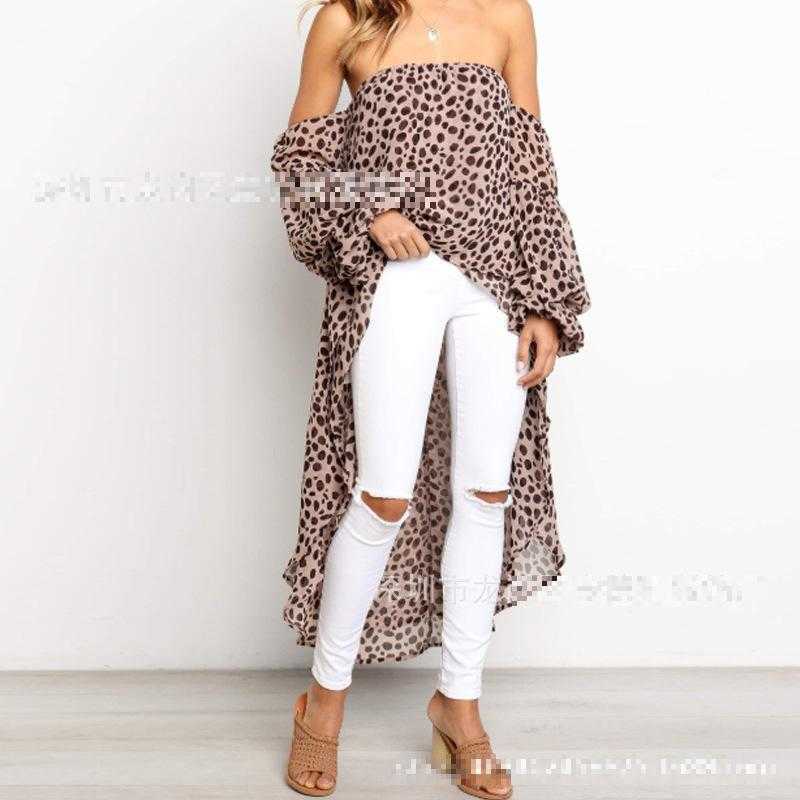 Women Blouse Leopard Printed Chiffon Loose Long Shirt Irregular Tops Off Shoulder Top Sexy 210524