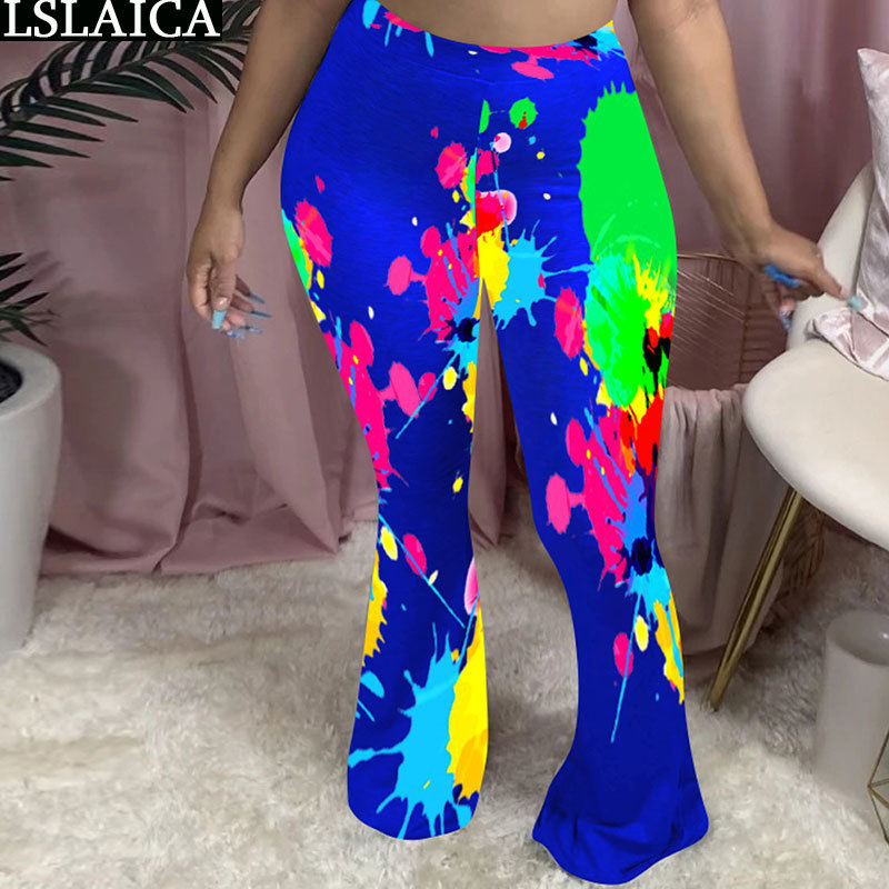 Women Pants Tie Dye Print Streetwear Casual Long Trousers Mid Waist Elastic Wide Leg Flare Female Mujer Pantalones 210515