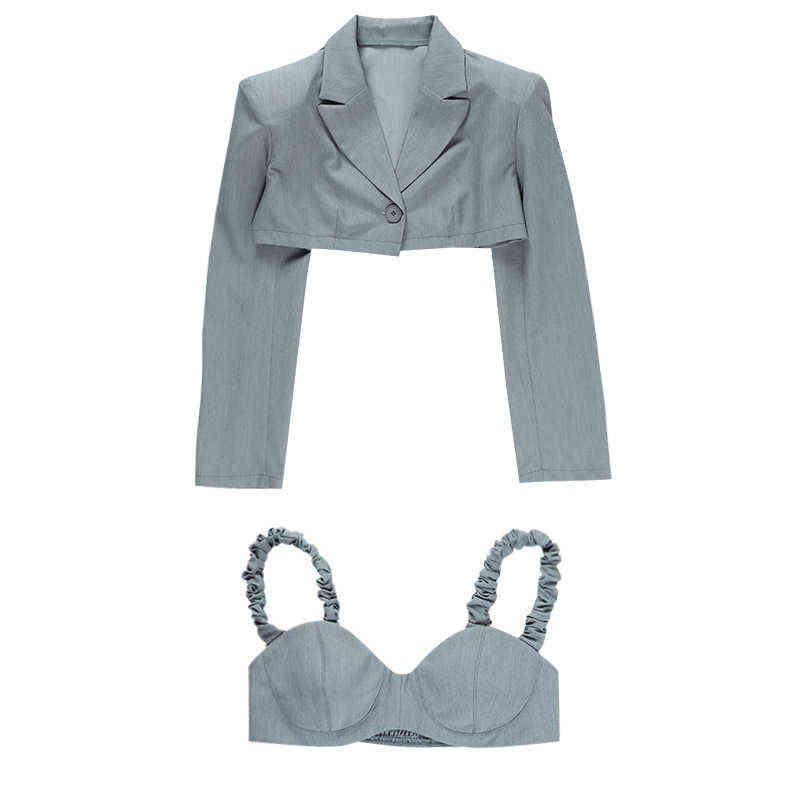 Two Piece Crop Blazer Suit and Tank Top One Button Sexy Coat Women Streetwear Fall Winter Missnight 211122