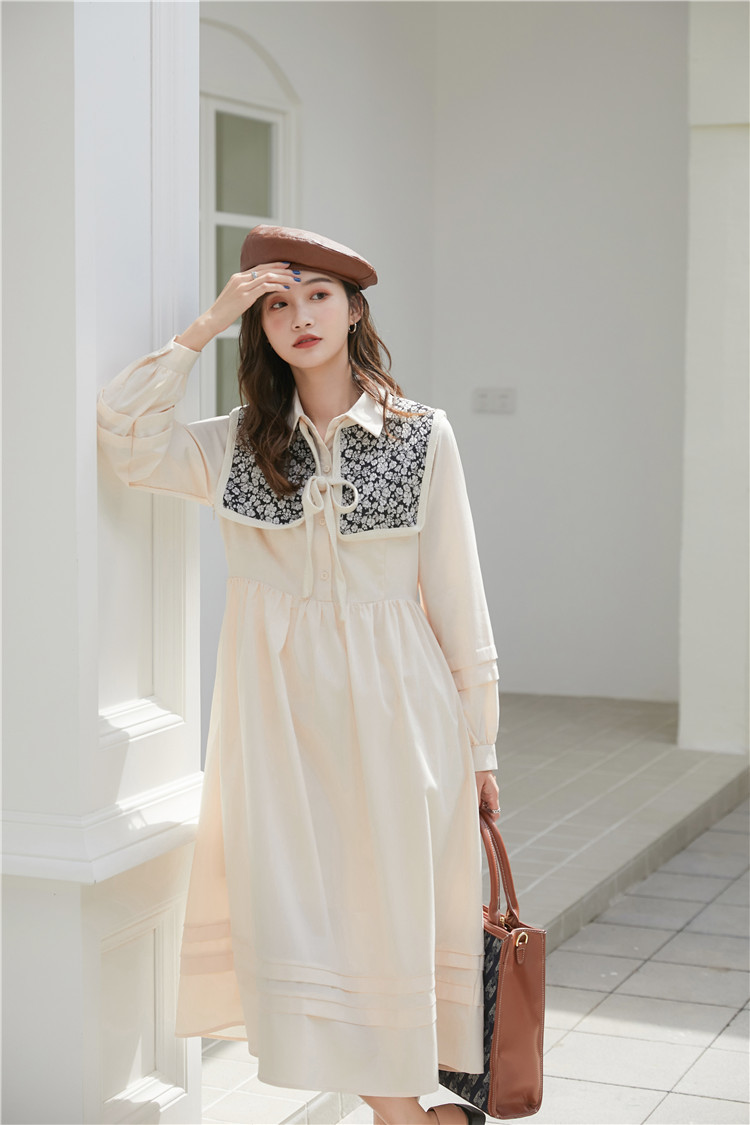 Vintage 2 Piece Long Sleeve Korean Shirt Dress Women Autumn Beige A Line Half Button Collar With Cape 210427