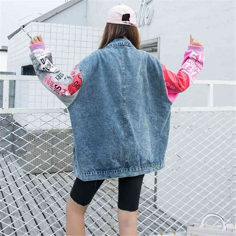 Women Contrast Color Blocked Long Sleeve Cardigan Plus Size Loose Cartoon Sequins Denim Coat Turn Down Collar Bomber Jacket 210515