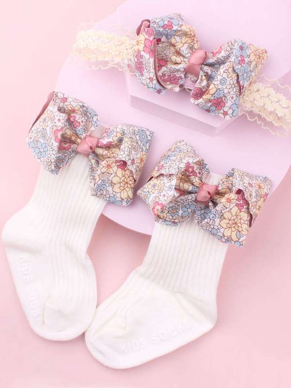 Baby Flower Pattern Bow Decor Hair Band & Socks SHE
