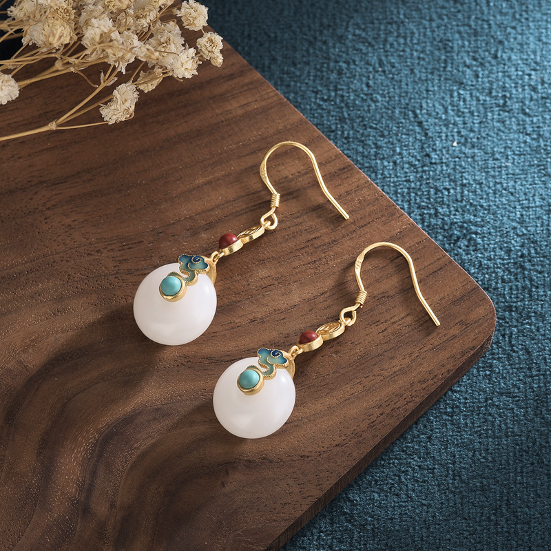 Creative Hetian jade safe buckle earrings dangles ancient gold burnt blue auspicious clouds earring women, Silver
Creative Hetian jade safe buckle earrings dangles ancient gold burnt blue auspicious clouds earring women, Silver
