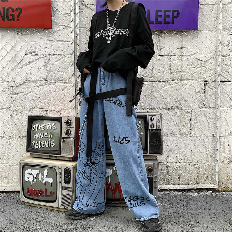 SHENGPALAE Summer Casual Jeans Woman Long Trousers Cowboy Female Loose Streetwear Cartoon Print Wide Leg Pants ZA4911 210809