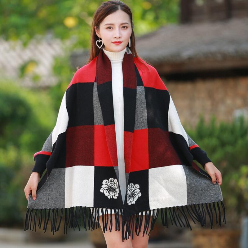 Female Autumn And Winter Large Plaid Shawl Dual-use Cloak Tassel Double-sided Jacquard Bat Sleeve Sweater Jacket 210427