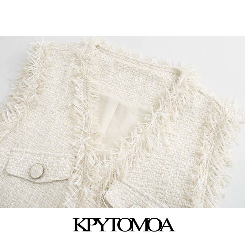 Women Fashion Frayed Tassel Tweed Waistcoat V Neck Sleeveless Female Vest Outerwear Chic Tops 210420