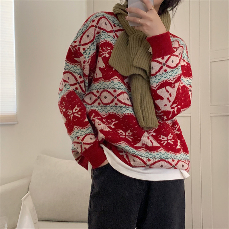 Autumn Winter OL Outwear Vintage Red Print Christmas Pullover Tops Warm Sweater Women Elegant Loose Knitted Sweaters 210421