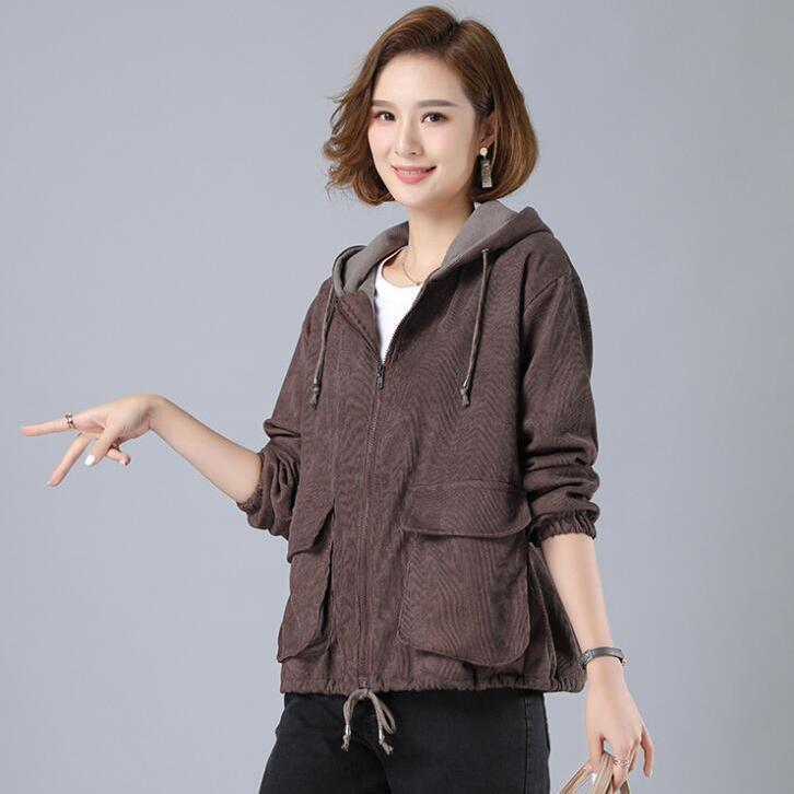 Women Corduroy Coats Autumn Korean Plus Size Velvet Hooded Jackets Female Casual Drawstring Big Pocket Short 210522